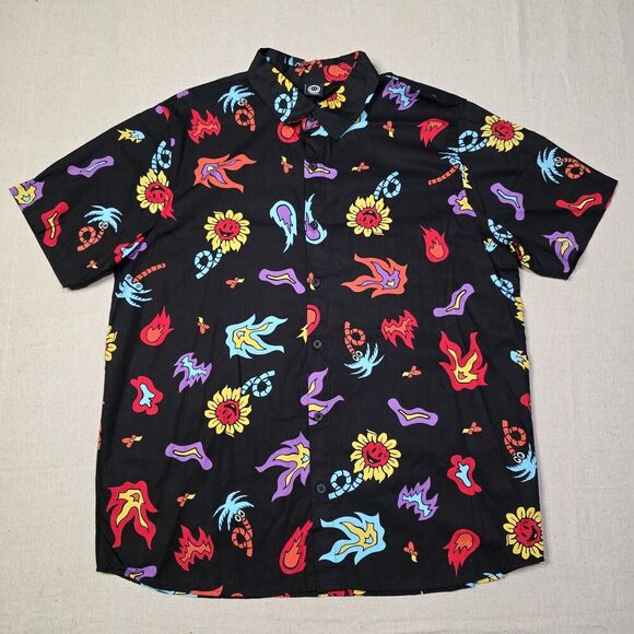Neff Mens Size Large Fireballs And Daisys All Over Print Button Down Shirt Black - Picture 1 of 6
